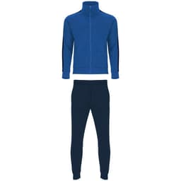 A blue tracksuit comprising a zip-up jacket and matching track pants, featuring a logo.