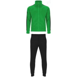 A green tracksuit jacket with black stripes along the sleeves, paired with black tracksuit trousers.