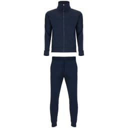 A navy tracksuit featuring a zip-up jacket with a high collar and matching tapered trousers. Branding is present.