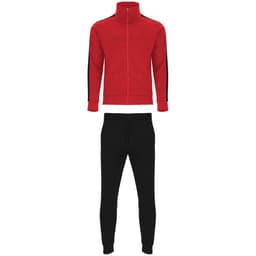 A red track jacket with black side stripes paired with black track pants, featuring a logo on the jacket.
