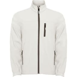 A softshell jacket in white, featuring a full zip and zippered pockets, with grey accents and a logo.