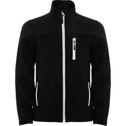 A black softshell jacket with white zip details and pockets, featuring a logo on the upper left side.