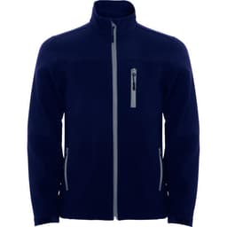A navy blue softshell jacket featuring a full zip and side pockets, with a small chest zip pocket and a logo.