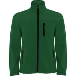 A green softshell jacket featuring a full zip, two side pockets, and a chest pocket with a zipper.