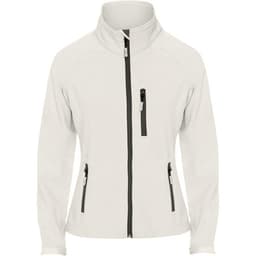 A women's softshell jacket in light grey with a high collar and zippered pockets. Features a logo on the chest.