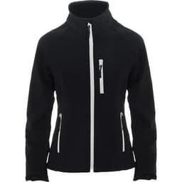 A black women's softshell jacket with a high collar, zippered front, and two side pockets. It features a logo.