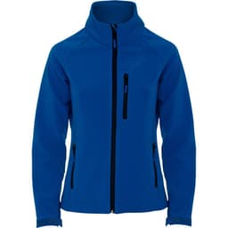 A blue women's softshell jacket with a zippered front and side pockets, featuring a stand-up collar and a logo.