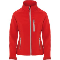 A red women's softshell jacket featuring zippered pockets and a high collar. It includes branding on the chest.