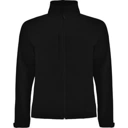 A black Rudolph Softshell Jacket featuring a zip front and a collar, with a small pocket on the chest.