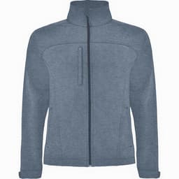 A softshell jacket in a light blue hue with a zip front and a stand collar, featuring a logo.
