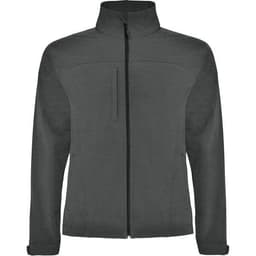A grey softshell jacket featuring a high collar and a zip closure, with a logo on the front.