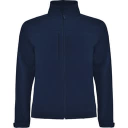 A navy blue softshell jacket with a zip front and stand collar, featuring a single chest pocket and branding.