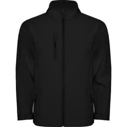 A black softshell jacket featuring a zippered front and pockets, and a visible logo.