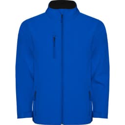 A blue Nebraska softshell jacket with a zip front and pockets. It features a collar and has a logo.