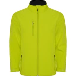 A bright yellow softshell jacket with zip pockets and a black collar, featuring a logo.