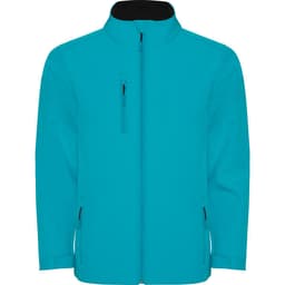 A turquoise softshell jacket with a zip-up front, side pockets, and a collar. It features a logo.