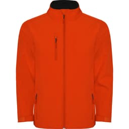 An orange softshell jacket with a front zipper and side pockets, featuring a high collar and a logo.