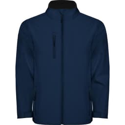 A navy blue softshell jacket with a zip front, a high collar, and multiple zippered pockets. It has a logo on it.