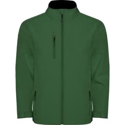 A green softshell jacket featuring a front zip and multiple pockets, with a logo on the chest.