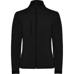 A black women's softshell jacket featuring a high collar and zippered pockets. It has a logo on the jacket.