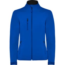A blue women's softshell jacket with a front zip and three zipped pockets, featuring a neat collar.