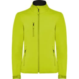 A bright yellow women's softshell jacket with a full zip and zippered pockets, featuring a logo.