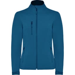 A softshell jacket in a vibrant blue colour featuring a zip front and multiple pockets, with a logo on the chest.