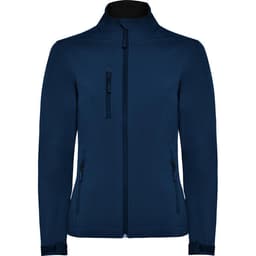 A women's softshell jacket in navy blue featuring a zip front and multiple pockets, with a logo.