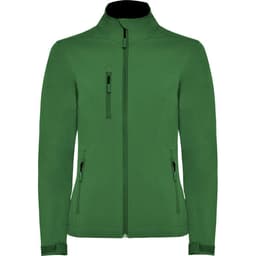 A green women's softshell jacket featuring a high collar and multiple zippered pockets, including a chest pocket.