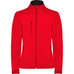 A red women's softshell jacket featuring a zip front and multiple zip pockets. It has a sleek, modern design and branding.