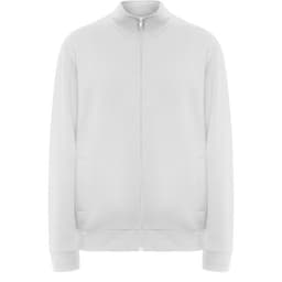 A white Ulan sweatshirt with a zip front and two side pockets, featuring a collar and a logo.   