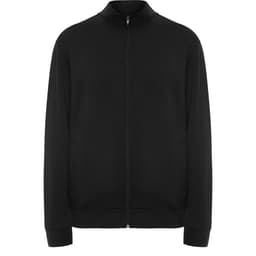 A black zip-up sweatshirt with a high collar and side pockets, featuring a logo.