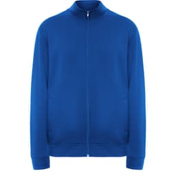 A blue sweatshirt with a zip-up front, high collar, and side pockets, featuring a logo.