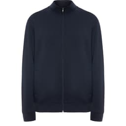 A navy sweatshirt featuring a zip front, high collar, and side pockets. It has a logo on the chest.