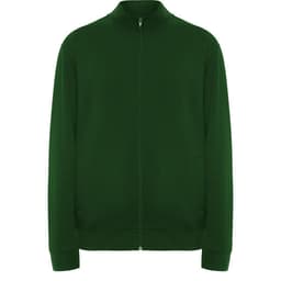 A green zip-up sweatshirt with a high collar and two front pockets. It features a logo on one side.