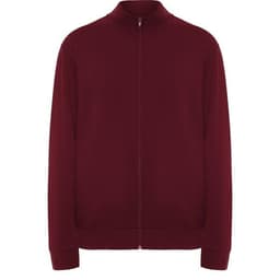 A burgundy sweatshirt with a zip-up front and a high collar. It features a logo on the chest.