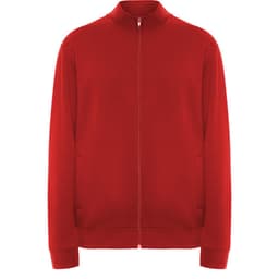 A red sweatshirt with a zip front, high collar, and side pockets. It features a logo on the garment.