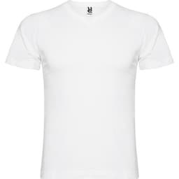 A white short-sleeved T-shirt featuring a logo on the neck.