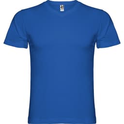 A blue t-shirt with a v-neck design. The shirt features a label at the neckline and has a solid colour.