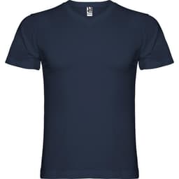 A navy blue T-shirt with short sleeves and a round neckline, featuring a logo on the tag.