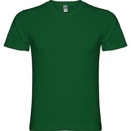 A green T-shirt featuring a round neckline and short sleeves. It has a branding label at the collar.