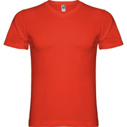 A red T-shirt with a V-neck design, featuring a label at the neckline and no visible branding.