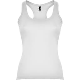 A white tank top with a scoop neck and racerback design. It features a logo on the interior label.