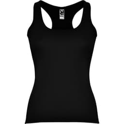 A black tank top with a scoop neckline and wide straps, featuring a logo on the label.