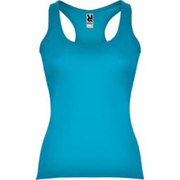A bright turquoise Carolina tank top with a scoop neckline and racerback design. It features a logo.
