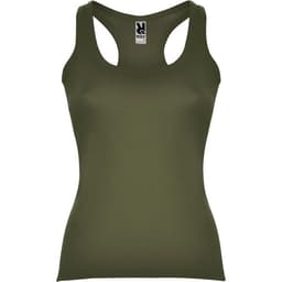 An olive green tank top with a scoop neckline and a logo on the label.