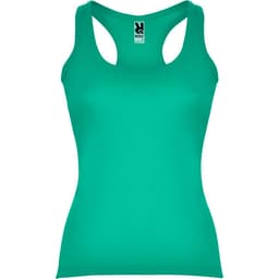 A mint green tank top with a racerback design and a logo at the neckline.