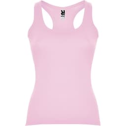 A pink Carolina tank top with a racerback design and a logo at the neckline.
