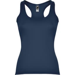 A navy blue tank top with a scoop neckline and a fitted design, featuring a logo at the neckline.