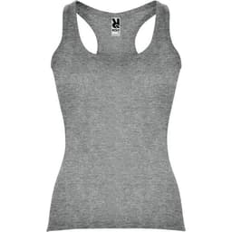 A grey tank top featuring a fitted design and a branding logo on the neckline.